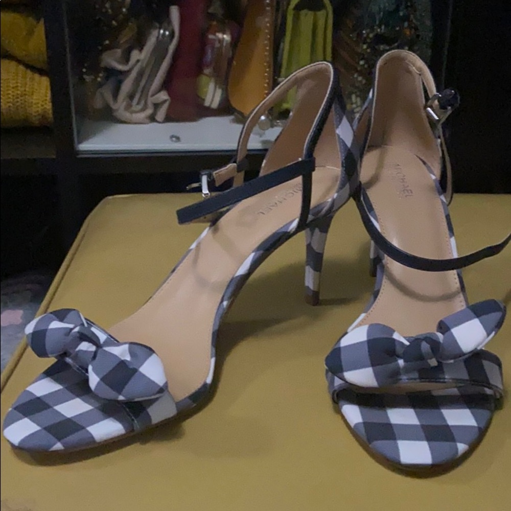 Michael Kors black and white plaid open toed heels